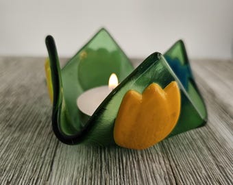 Fused Glass Tulip Dish Green Jewelry Tray Ring Holder Catchall Decor