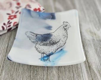 Handmade Fused Glass Chicken Dish | White Glass with Blue Streaks | Functional & Decorative