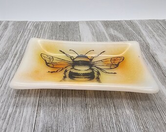 Fused Glass Dish, Bumble Bee Dish, Gift for Gardener, Soap Dish, Spoon Rest for Kitchen, Home Gift Idea, Bumblebee Decor, Fused Glass Art