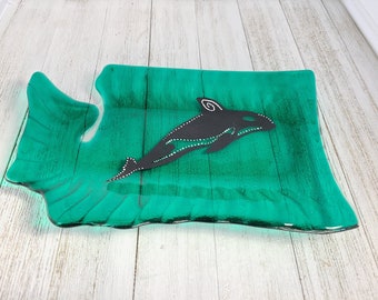 Fused Glass Bowl - Hand-Painted Orca, Washington State Shape