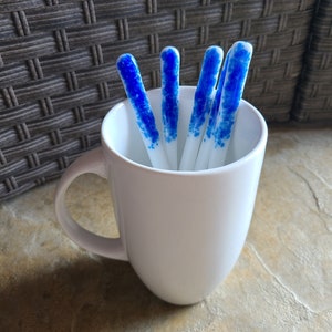 Handmade Fused Glass Swizzle Sticks: Blue & White Drink Stirrers