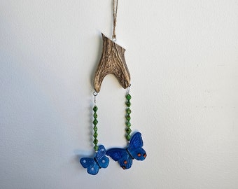 Antler Wind Chime, Glass Butterflies, Fused Glass Windchimes, Glass and Bead Mobiles, Antler Decor, Unique Gift for the Home