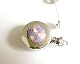 Fused Glass Badge Reel: Purple Pink Millefiori Retractable ID Holder