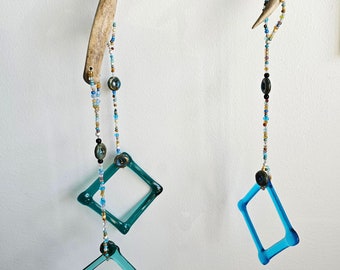 Antler Wind Chime, Glass Squares, Fused Glass Windchimes, Glass and Bead Mobiles, Antler Decor, Unique Gift for the Home