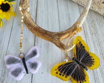 Antler Wind Chime, Glass Butterflies, Fused Glass Windchimes, Glass and Bead Mobiles, Antler Decor, Gift for the Home, Pink and Yellow