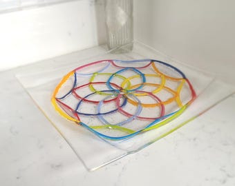 Dreamcatcher Fused Glass Platter – Large Handmade Serving Dish, Food‑Safe Decorative Centerpiece