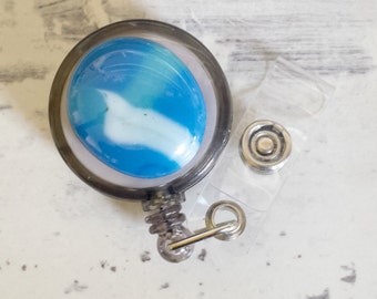 Fused Glass Badge Reel: Blue Retractable ID Tag Holder