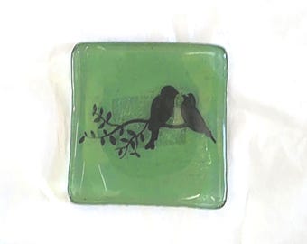 Fused Glass Ring Dish – Green Bird Trinket Bowl, Tealight Holder