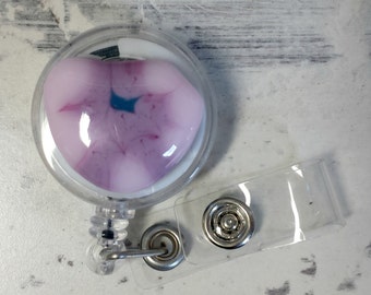 Fused Glass Badge Holder, Retractable ID Clip.