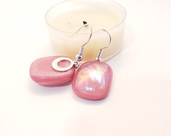 Pink Earrings Dangle, Fused Glass Art, Gift for Mom, Present for Sister, Glass Drop Earrings, Fishhook Ear wires