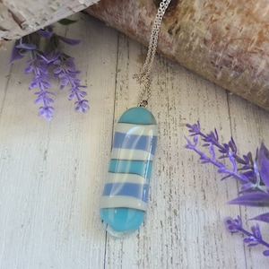 Fused Glass Pendant Necklace: Blue Striped Boho Jewelry