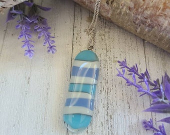 Fused Glass Pendant, Dream Necklace, Blue Striped Jewelry, Gift for Women, Boho Jewelry, Present for Mom