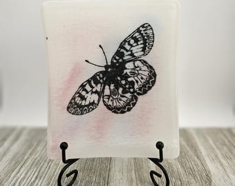 Handmade Fused Glass Butterfly Dish | White, Pink & Blue Art Glass | Functional Home Décor