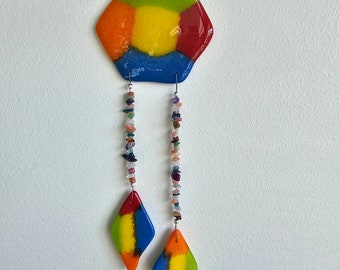 Rainbow Fused Glass Windchime: Hexagon Suncatcher with Stone Chips