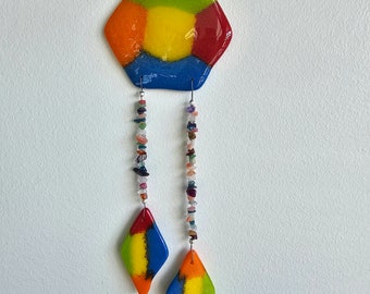 Rainbow Windchime, Fused Glass Suncatcher, Rainbow Color Palette, Semi Precious Stone Chips, Fused Glass Art, Yard Art, Hexagon Shape