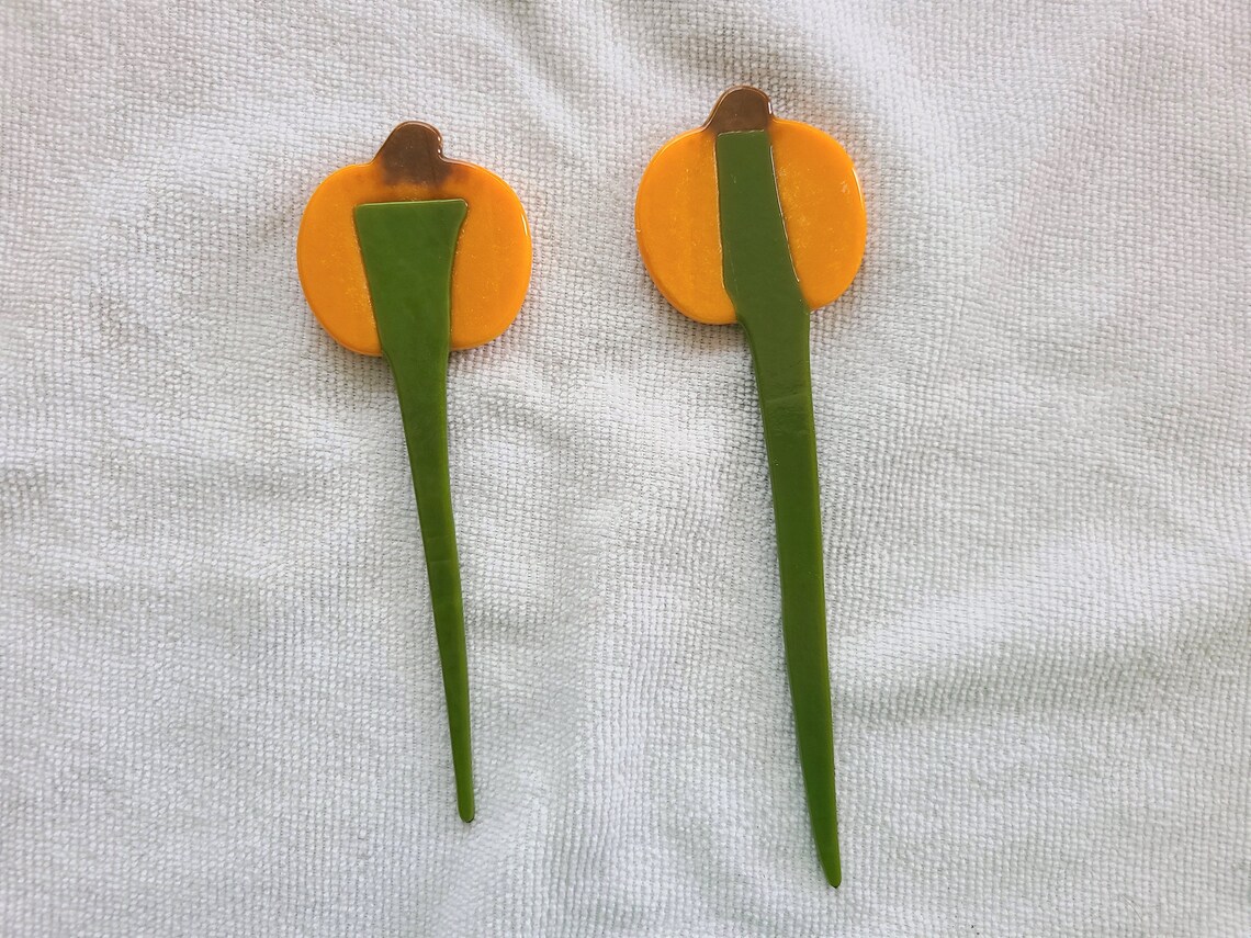 Par de estacas de jardín de calabaza de naranja de vidrio | Etsy