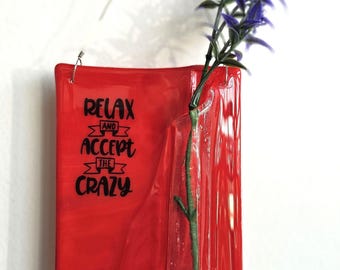 Fused Glass Wall Vase: Red Pocket Vase with Saying
