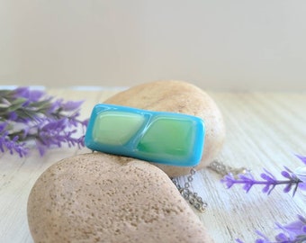 Fused Glass Pendant Necklace: Geometric Blue & Green Art Glass
