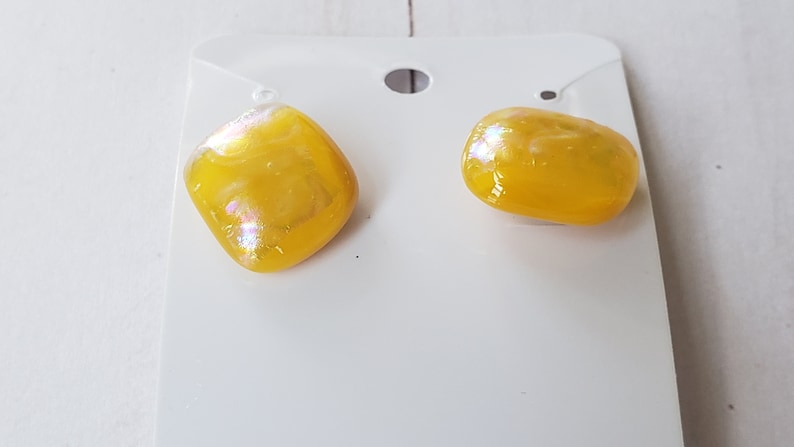 Yellow Glass Earrings, Fused Glass Stud Earrings, Post Earring Set, image 4