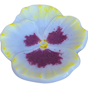 Handmade Fused Glass Pansy Dish - Unique White, Yellow & Purple Decor