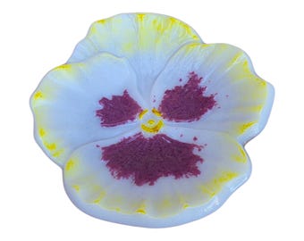 Handmade Fused Glass Pansy Dish - Unique White, Yellow & Purple Decor