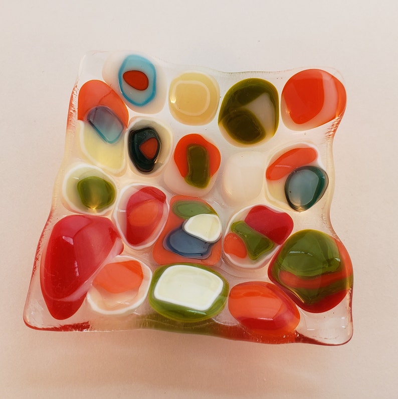 Small Fused glass dish multicolored circle pattern  candle image 0