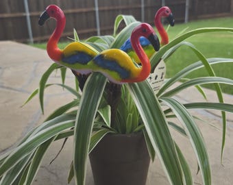Fused Glass Flamingo Garden Stake: Rainbow Opaque Colors Yard Art