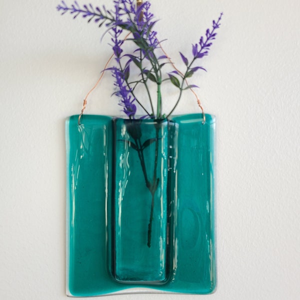 Fused Glass Wall Vase, Pocket Vase, Wall Pocket, Wall Hanging Decor, Flower Vase, Gift for the Home, Housewarming present, Peacock Blue