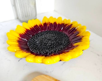 Glass Sunflower Bowl, Fused Glass Bowl, Sunflower Dish, Decorative Bowl, Yellow and Red Flower