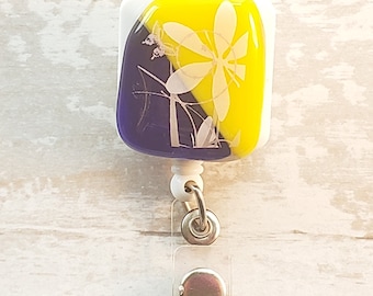 Fused Glass Badge Holder, Retractable ID Clip with Flower Decal.
