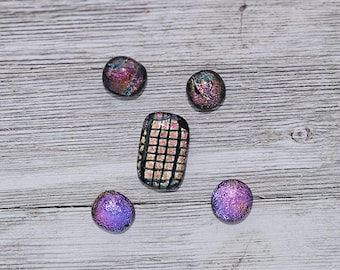 Dichroic Glass Cabochons: Handmade Fused Dots, 5 Piece Mosaic Supply