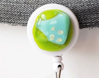 Fused Glass Badge Reel: Green Turquoise Polka Dot ID Tag