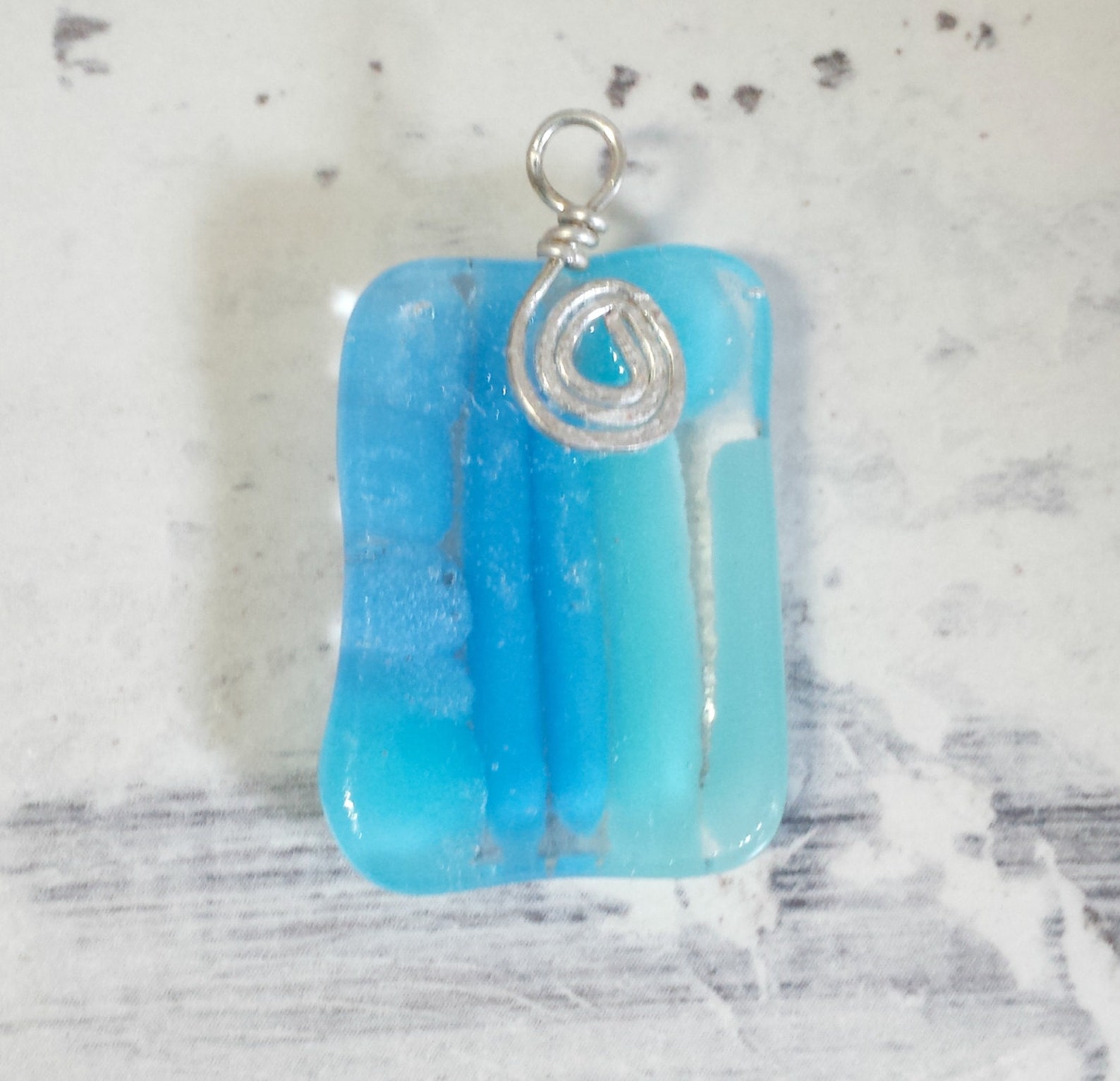 Fused glass pendant blue glass necklace wire wrapped bail Etsy