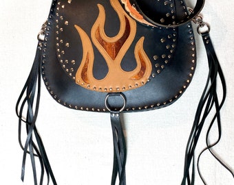 Black Leather Studded Bag with Flames/ Biker Style Flame Purse with Snakeskin/ Rock Roll Metal Style Studded Shoulder Bag with Orange Rust