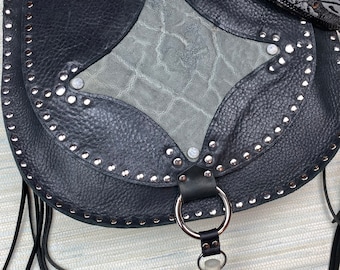 Black Leather Exotic Studded Shoulder Bag/ Black and Grey Exotic Leather Purse with Studs/ Unique One of a Kind Bag with Vintage Belt Strap