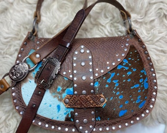 Brown Blue Studded Leather Crossbody Bag/ Western Rock Roll Style Wild Unique Purse/ Calf Hair on Hide Python Snake Print Brown Leather Bag