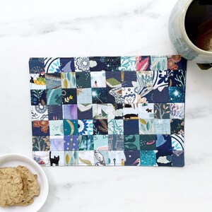 the blues quilted patchwork mug rug, snack placemat, ecofriendly mug mat, extra large coaster mat, sofa arm protector cover coffee table mat