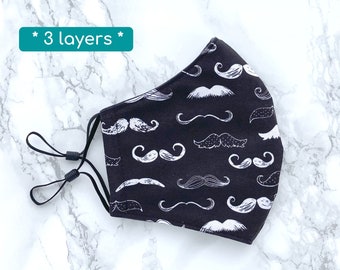 moustache fabric mask, three layer cotton face mask for him, triple layer polypropylene mask with adjustable toggles, funny face mask