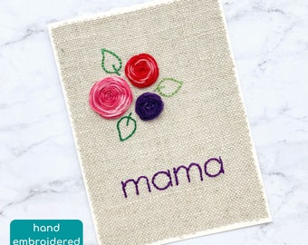 mama card, mother's day card, birthday card for mom, hand embroidered card for mother, one of a kind card for mum, red rose card floral card