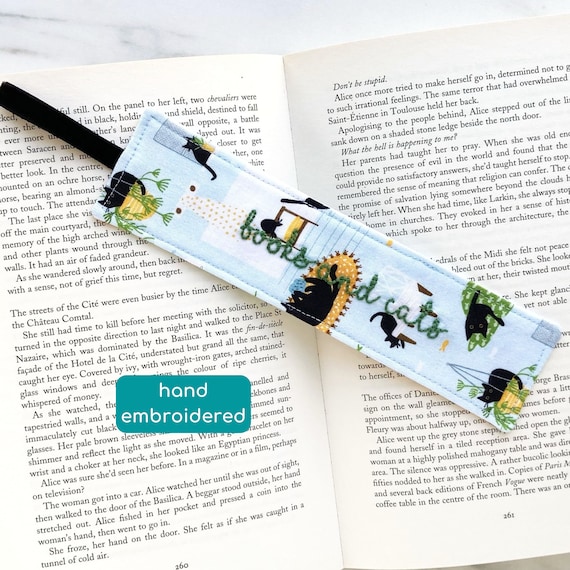 embroidered book quilt details reading cat bookmark fabric embellishments