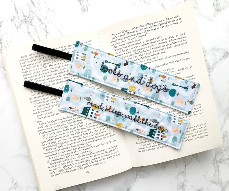 dog lover fabric embroidered bookmark, dog walking bookmark, bookish gift for dog mom, reading gift, bookworm gift for teacher, dog person image 2