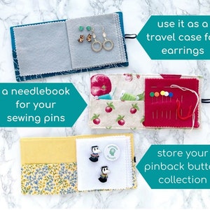 chrysanthemum sewing needle book handmade, stud earring book, needle keeper, pin organizer, earring travel case jewelry storage, travel gift image 3