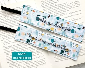 dog lover fabric embroidered bookmark, dog walking bookmark, bookish gift for dog mom, reading gift, bookworm gift for teacher, dog person