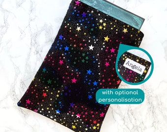 shiny stars book sleeve, padded kindle sleeve, personalised book pouch, book lover gift for bookworm, reader gift for her, book nerd gift