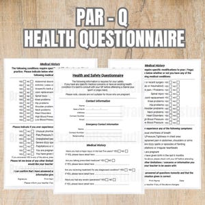Op de afbeelding: Een zwart-wit gezondheidsvragenlijst met de titel "PAR-Q HEALTH QUESTIONNAIRE" bovenaan. Het formulier bevat vragen over medische geschiedenis, gezondheid en veiligheid, en noodcontactinformatie.
