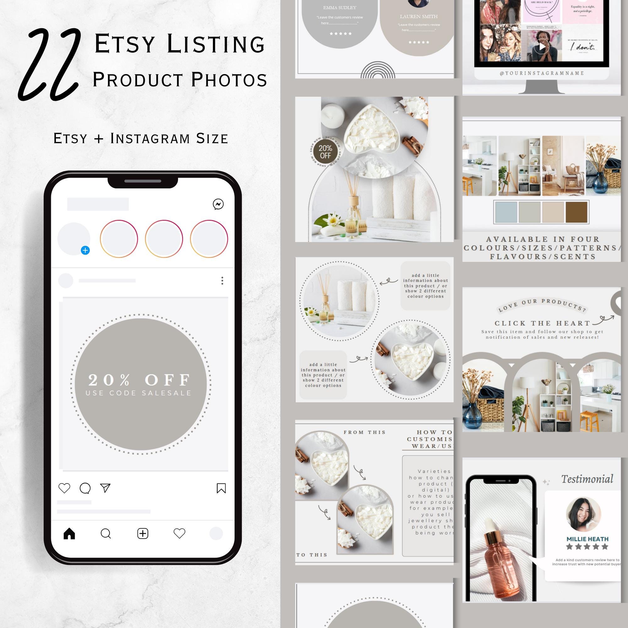 22 ETSY LISTING TEMPLATES - Neutral Luxury Elegant Minimalistic branding templates for etsy - Listing photos fully customisable in canva