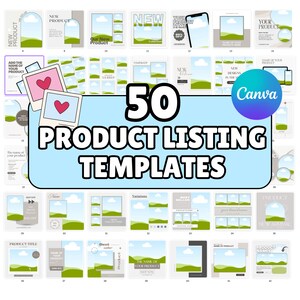 May include: A collection of 50 product listing templates for Canva. The templates feature a green and blue color scheme with a landscape design. The text "50 Product Listing Templates" is displayed in a large, bold font.