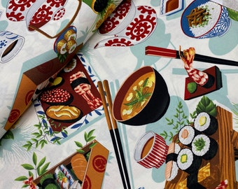 Oriental Asian Japanese Sushi Bento Print Fabric, Quilting, White Background, Half Yard by Alexander Henry