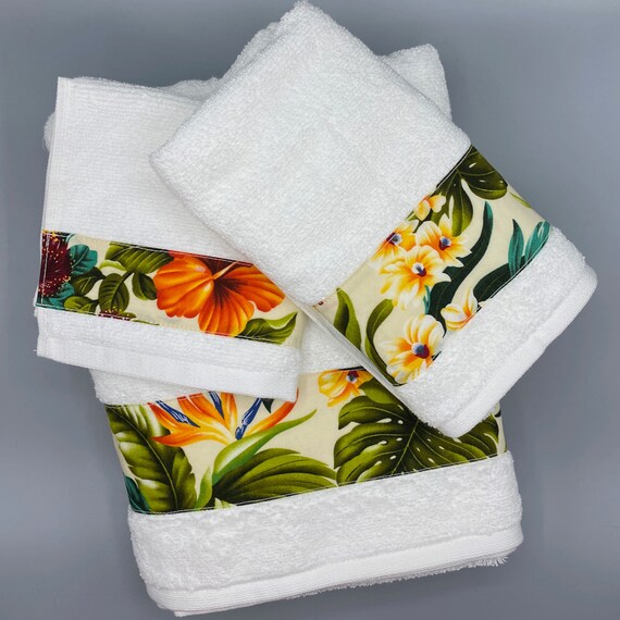Embellished Bath Towel Hand Towel Washcloth Set With Hawaiian Floral Print Etsy Ireland