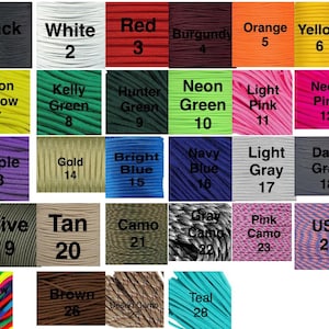Puede incluir: Una tabla que muestra 28 colores diferentes de paracord, cada uno con un n&uacute;mero y un nombre. Los colores incluyen negro, blanco, rojo, burdeos, naranja, amarillo, amarillo ne&oacute;n, verde kelly, verde cazador, verde ne&oacute;n, rosa claro, rosa ne&oacute;n, morado, dorado, azul brillante, azul marino, gris claro, gris oscuro, oliva, marr&oacute;n, camuflaje, camuflaje gris, camuflaje rosa, EE. UU., arco&iacute;ris, marr&oacute;n, camuflaje del desierto y turquesa.